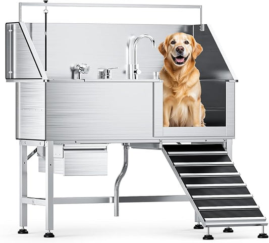 56" Professional Dog Washing Station, 304 Stainless Steel Pet Grooming Tub with Removable Ramp, 1.0mm Thick Anti-Rust Bath Tub, Adjustable Height & Detachable Faucet Kit for Dogs & Cats(Right Ramp)