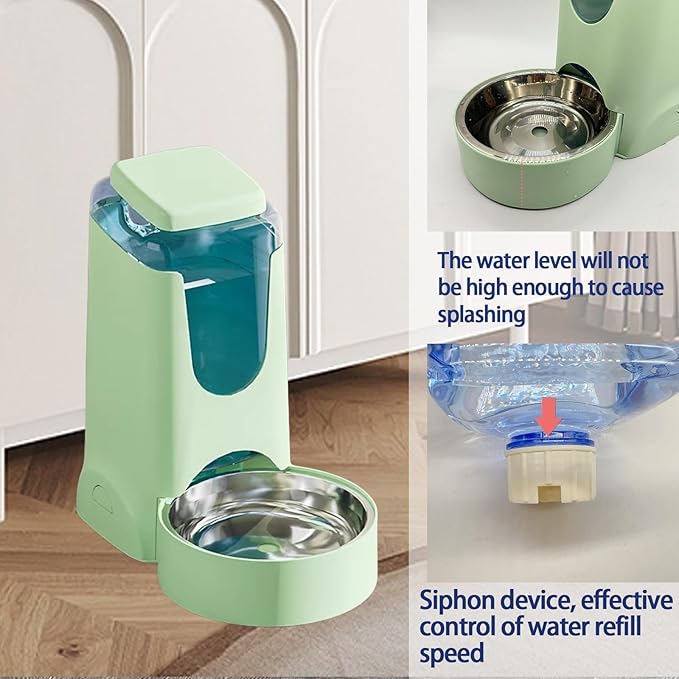 Pets Automatic Gravity Feeder Dogs 2.8L Food & 4L Water Dispenser Set with Stainless Steel Bowl for Small Medium Big Puppy Kitten(Light Green)