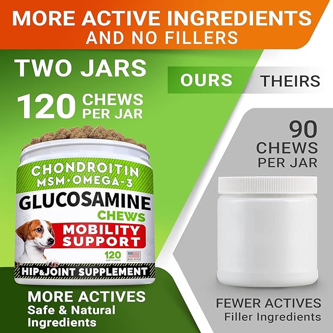 Glucosamine for Large Dogs - Joint Supplement Large Breed w/ Omega-3 Fish Oil - Chondroitin, MSM - Advanced Mobility Chews - Joint Pain Relief - Hip & Joint Care - Chicken Flavor - 240Ct - Made in USA