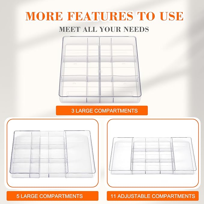 2 Pcs Large Expandable Acrylic Drawer Organizers, Grid Adjustable Drawer, Dividers Organizer for Desk, Makeup, Jewelry, Office, Kitchen Supplies (Transparent,11 Compartments)