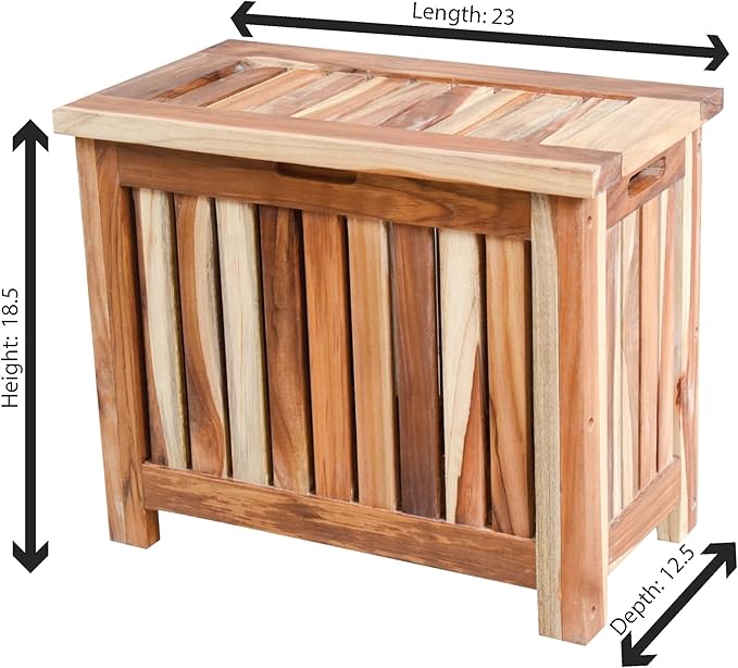 DecoTeak Solid Hamper in Natural Teak, Solid Bench in Natural Teak, 23 inch W x 12.5 inch D x 18.5 inch H