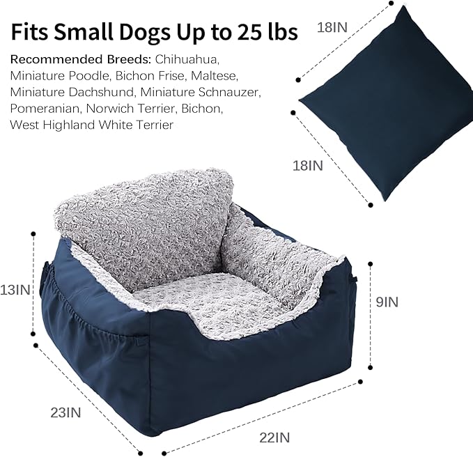 Dog Car Seat for Small Dogs,Washable Pet Booster Seats for Car with Clip-On Safty Leash, Reversible Puppy Carseat with Storage Pockets, Travel Carrier Bed for Dogs Under 25 lbs, Blue