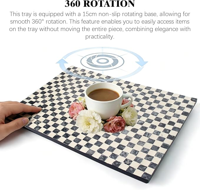 Rectangle Mother of Pearl Lazy Susan Turnable Organizer, 360 Degree Round Table Countertop Decorative Spinning Tray for Kitchen Cabinet Counter Spice Pantry Dinner Table (Chessboard)