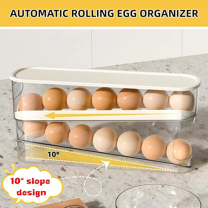 Egg Holder for Fridge, Space-Saving Automatic Rolling Egg organizer for refrigerator, 2-Layer Stackable Fridge Egg Dispenser and Storage with Lid for Kitchen, Countertop, Dining Room
