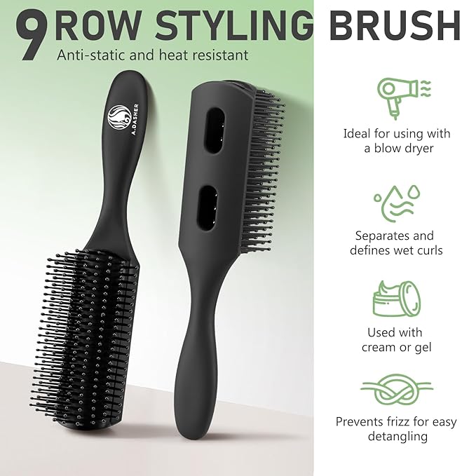 4Pcs Paddle Hair Brush Set, Detangler Brush and comb Afro 3/4abc Texture - Detangling Hairbrush for Wet Dry Long Thick Thin Natural Curly Hair(Black)