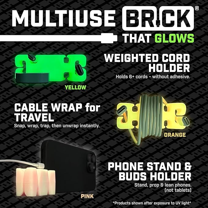 GlowBrick Stocking Stuffers for Adults Cord Management Weighted Cord Holder Cable Wrap Phone Stand - Glow-in-The-Dark Gadget Organizer for Nightstand. Gift for Men, Silicone. 2pk Glowing Orange