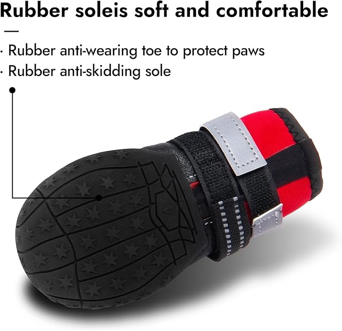 Dog Shoes, Waterproof Dog Boots & Paw Protectors with Anti-Slip Sole, 4pcs/Set Pet Dog Booties, Reflective Dog Shoes for Small Medium Large, Winter Snowy Summer Hot Pavement (Red, 4# (S))