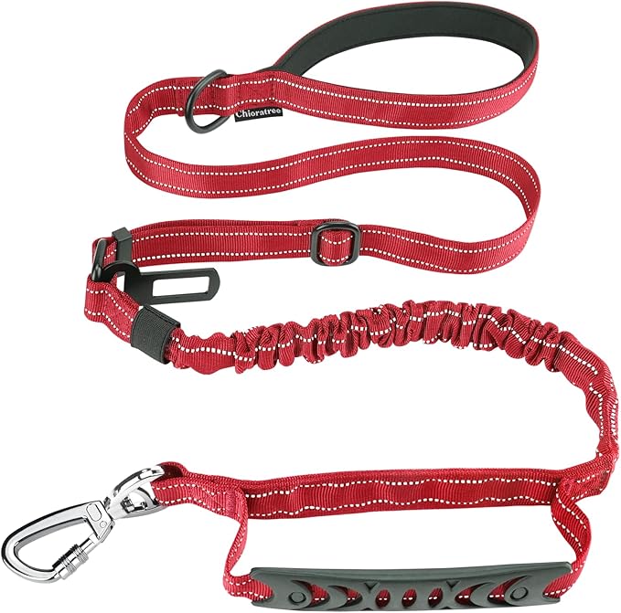 Tactical Dog Leash Heavy Duty, 4-6FT Shock Absorbing Bungee Dog Leash, Reflective Military Strong No Pull Dog Leash with 2 Padded Handle and Car Seatbelt for Medium Large Dogs, Red