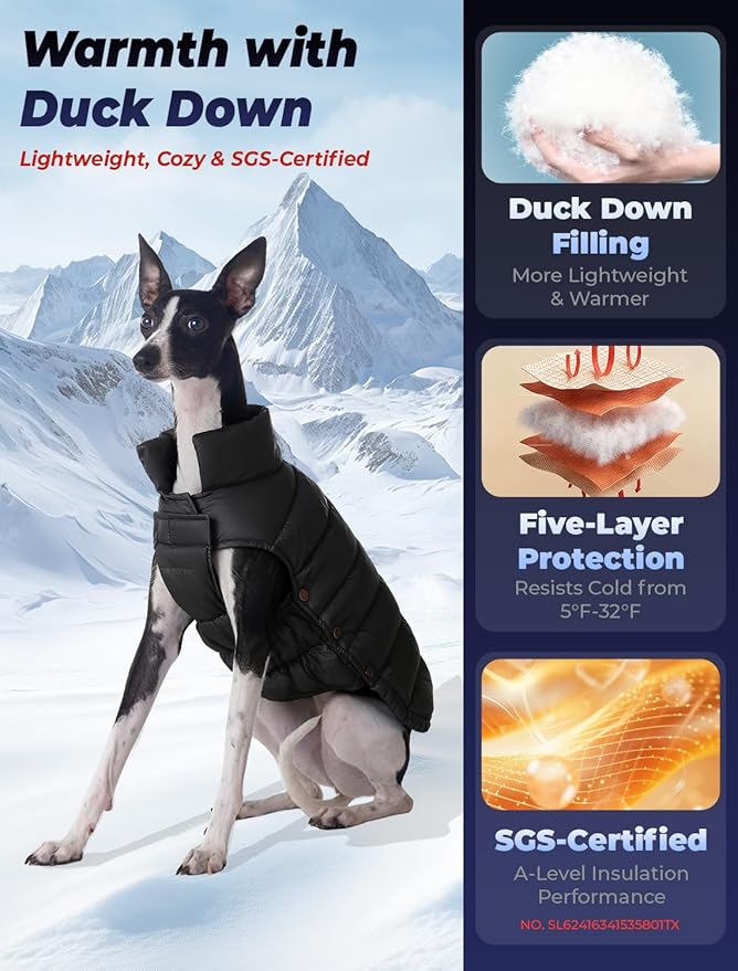 SPACE LION Dog Puffer Jacket, Down Winter Coat, Durable Outdoor Coat for Cold and Windy Conditions, Lightweight & Adjustable Fit Coats for Large Dogs, (Black, Size30/5XL)