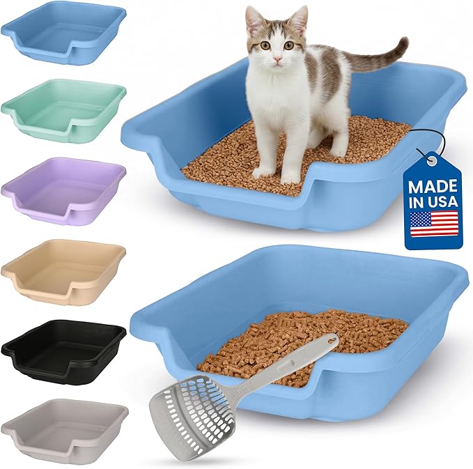 KittyGoHere Senior Cat Litter Box, Small Litter pan with Long-Handle Jumbo Scoop, Open Top Low Entrance Kitty Litters Box, Lightweight Low Entry Litter Box, Durable, Made in USA (2 Pack - Blue)