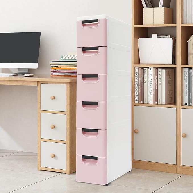 6 Drawers Storage Cart Rolling Storage Drawer Cart Narrow Plastic Dresser Rolling Organizer Cart Storage Unit on Wheels Bathroom Art Craft Supplies Mobile Slim Utility (Dark Pink)