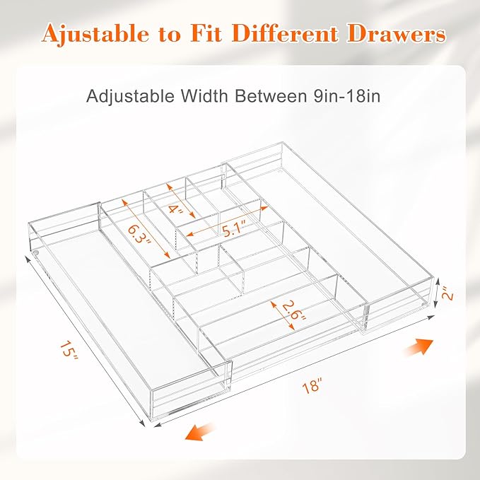 1 Pcs Acrylic Desk Drawer Organizer 2 Inch Height Expandable Drawer Organizer Trays with 9 Adjustable Compartments Desk Accessories for Makeup Silverware Office Bathroom(Clear)
