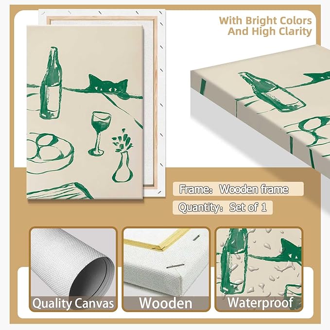 Sneaky Cat Wine Wall Art Funny Kitchen Animal Poster Whimsical Pet Wall Decor Abstract Scandi Dinner Sketch Prints Painting For Living Room Dining Room Wall Decor 12x16in Wrapped Canvas