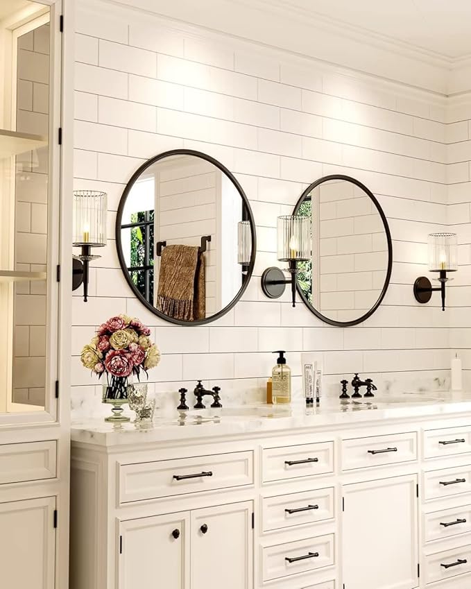 Growsun 30'' Black Round Mirror, Circle Wall Mirror for Bathroom Vanity, Entryway Living Room with Metal Frame for Home Decor