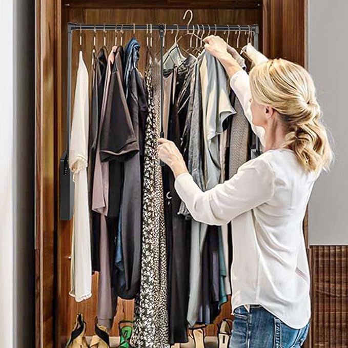 Put Down Closet Rod 2 Pack, Adjustable 26-35 Inch Wardrobe Lift Rail Organizer Two-way Buffering Heavy Duty Wardrobe Hanger for Cabinet, Organizer Storage System Side Mounted, 33 lbs Load Capacity