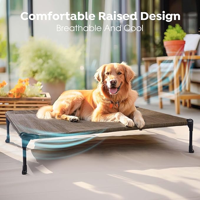 Veehoo Outdoor Elevated Dog Bed for Small Dogs, Cooling Raised Dog Cots Beds Training Platform Off Ground Hammock with Breathable Mesh, No-Slip Feet, 22"x17", Brown