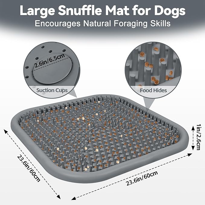 Snuffle Mat for Dogs, 23.6" x 23.6" Silicone Dog Feeding Mat Sniffing Interactive Feeding Game Encourages Natural Foraging Slow Feeder for Small/Medium/Large Dogs, Indoor & Outdoor (Grey)