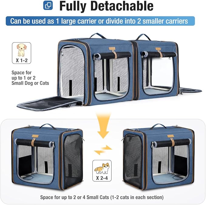Lekereise 2-in-1 Cat Travel Carrier with Litter Box, (17.7" x2) x16.5"x13" Large Cat Carrier with Zipper Locks for Moving Across The Country (No Hammock) - Blue
