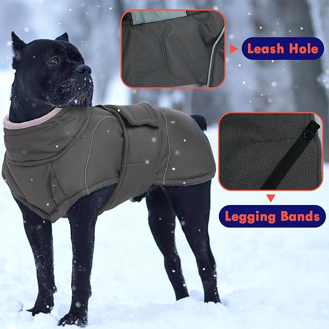 Gray Dog Coat Soft Pet Sweater for Cold Weather Warm Pet Winter Puffer Coat with Leash Hole Waterproof Dogs Jacket with Fleece Lined Windproof Dog Coats for Large Dogs Thick Pets Clothes