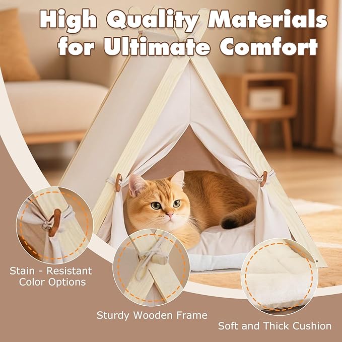 Pet Teepee with Thick Cushion, Cat Tents for Small Dogs Puppy and Cats,Portable Houses Indoor with Thick Cushion,Puppies Play House Removable and Washable,Beige