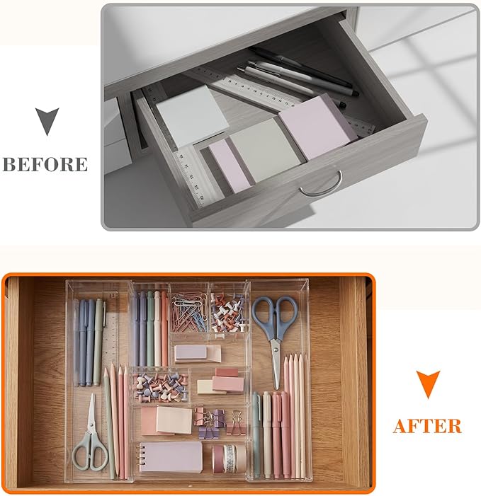 1 Pcs Acrylic Desk Drawer Organizer 2 Inch Height Expandable Drawer Organizer Trays with 9 Adjustable Compartments Desk Accessories for Makeup Silverware Office Bathroom(Clear)