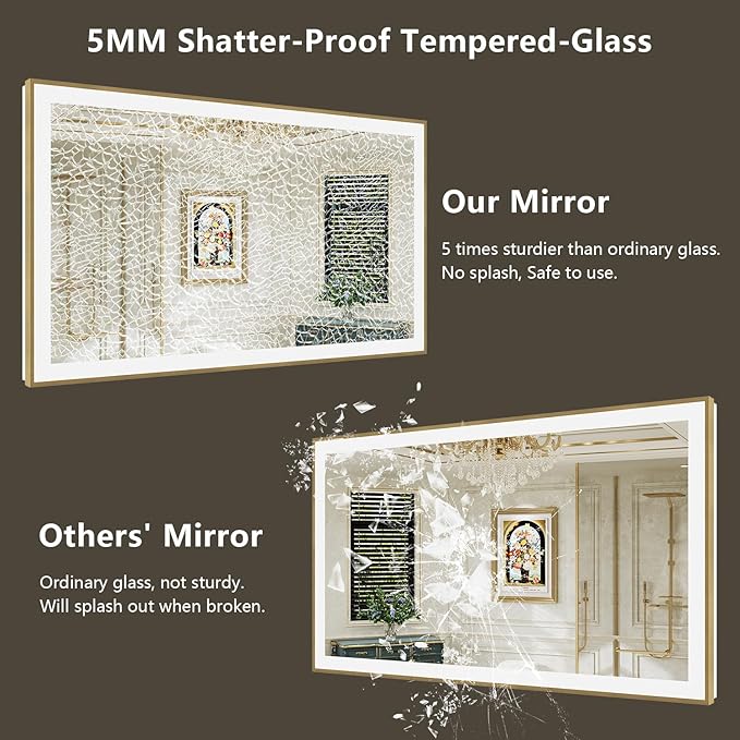 66x36 Inch LED Bathroom Mirror with Lights (Front Lit and Backlit) Gold Framed Lighted Vanity Mirror for Bathroom Wall Dimmable Anti-Fog Memory Tempered Glass Horizontal/Vertical