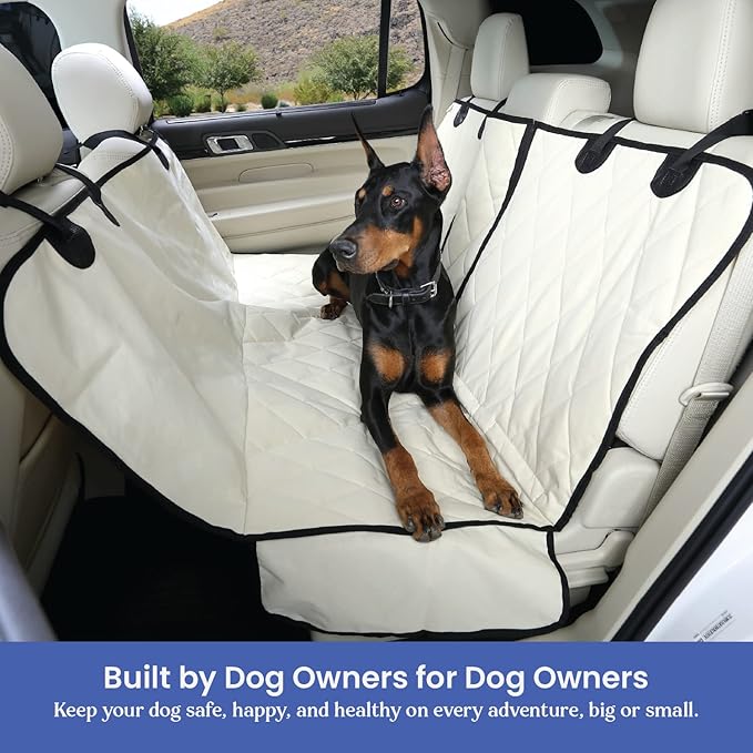 4Knines Dog Hammock for Cars, SUVs, and Small Trucks (Regular Size, Tan) – Rear Seat Cover for 60/40 Split Bench w/Armrest & Seatbelt Access – Heavy Duty, Waterproof, Easy Install, Machine Washable