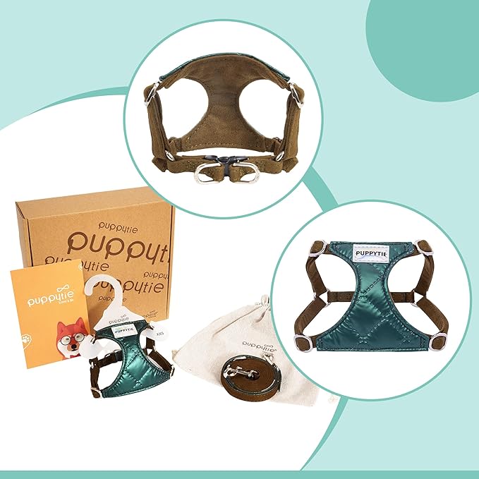 Puppytie No Pull xs Dog Harness with Multifunction Dog Leash,Soft Adjustable No Choke Escape Proof Pet Harness Vest,Glossy Dark Green,XXS