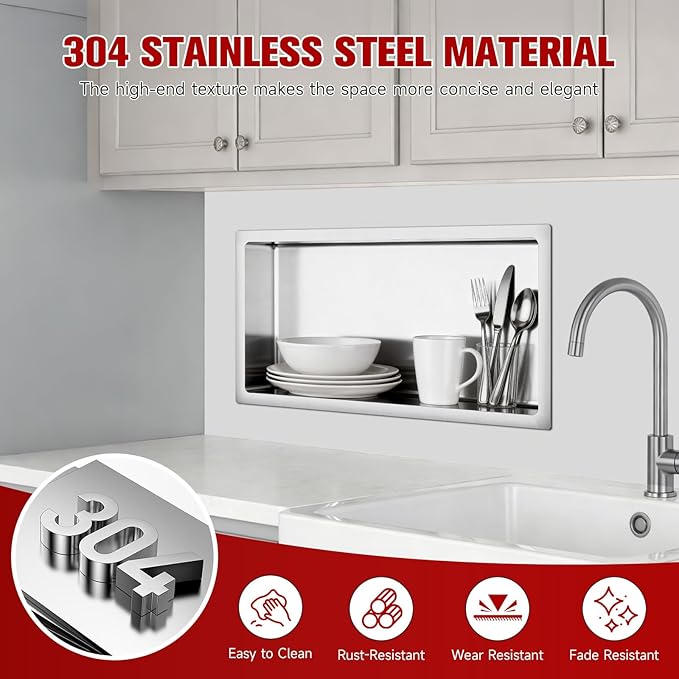 No Tile Needed Shower Niche 12"X 24", Bathroom Wall Niche Single Shelf, Stainless Steel Shower Niche for Bathroom, Kitchens, Balconies