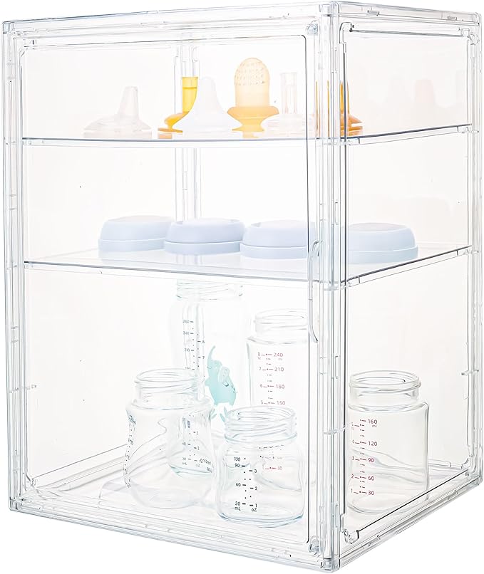 Baby Bottle Storage Organizer - 3 Tier Acrylic Storage Containers with 2 Removable Dividers, Clear Adjustable Baby Bottle Station Organizer for Countertop Cabinet, BPA-Free (3 Layer, Clear)