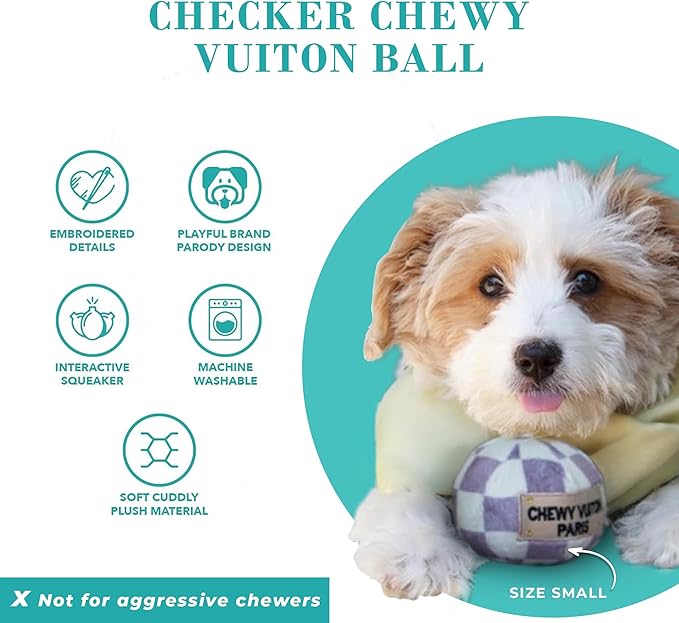 Haute Diggity Dog Checker Chewy Vuiton Ball, Plush Designer Dog Toys with Interactive Squeaker, Stimulating Pet Enrichment, Machine-Washable & Safe Materials for All Breeds, Size Large