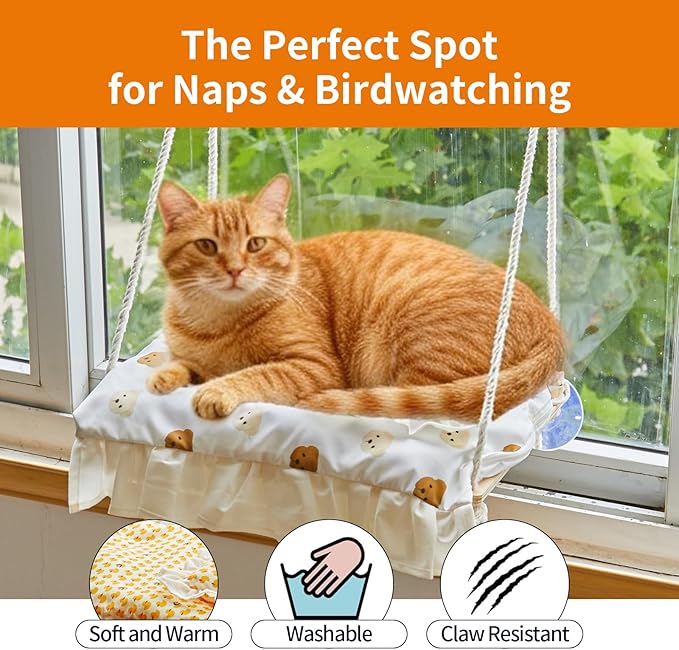 Cat Window Perch, Heavy Duty 20KG/44LB Suction Cup Hammock Bed with Soft Cushion, Secure & Stable Window Mount for Lazy Time, Bird Watching, Safe for Large Cats, 18.9"x14.5" (Little Bear)