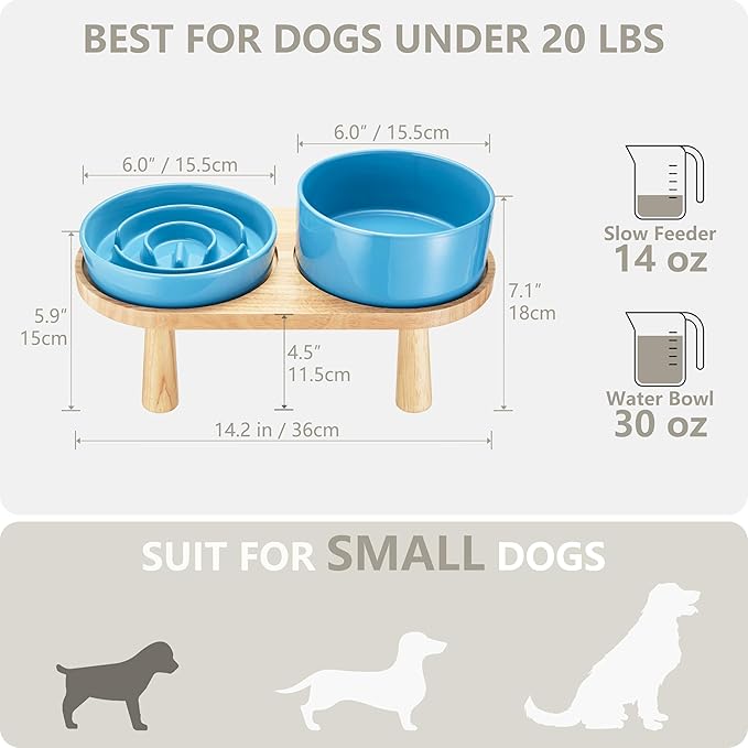 Ceramic Slow Feeder and Water Bowl Set for Small Dogs, 6.0 Inch Ceramic Dog Bowls Elevated with Wooden Stand, 0.6 Cups Dog Slow Feeder(14oz) and 30oz Water Bowl Set, Blue