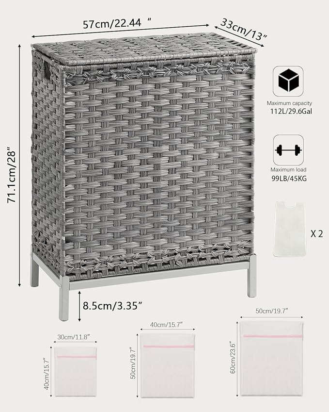Laundry Hamper with Lid, 112 L Handwoven Rattan Wicker Laundry Basket, 2 Removable Liner Bags Metal Heightened Feet, 6 Mesh Bags, 2 Section Large Clothes Hamper for Bathroom Bedroom, Gray