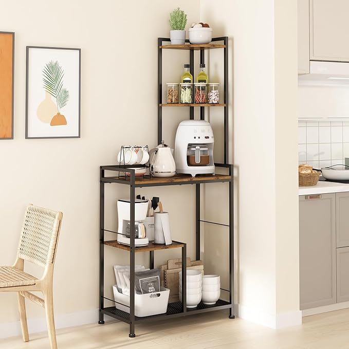 GILLAS 5 Tier Corner Shelf Stand, Freestanding Corner Shelf Unit Bookshelf, Corner Table with Shelf, Tall Storage Organizer Rack for Living Room, Bedroom, Office. Small Space, Metal