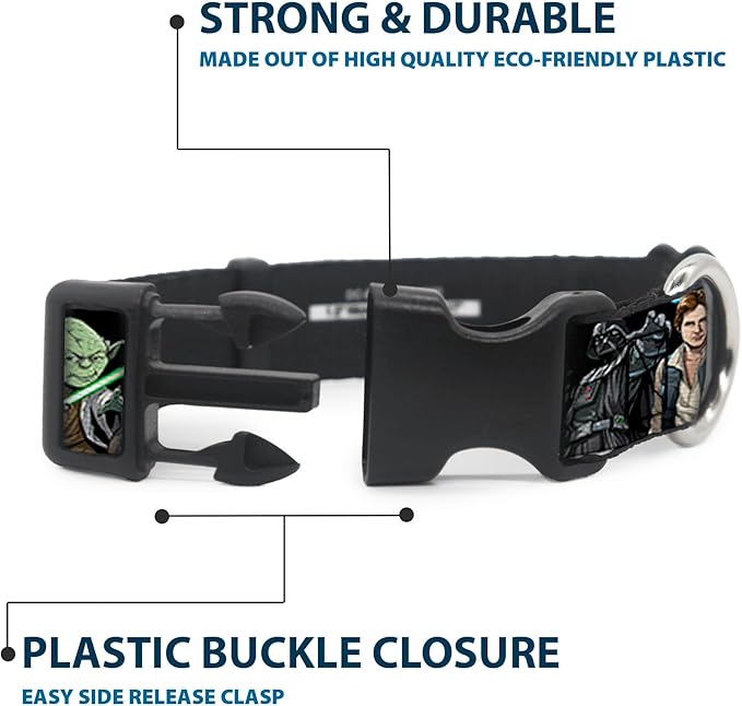 Star Wars Pet Collar, Dog Collar Plastic Buckle, Star Wars Classic Character Poses Black, 9.5 to 14.5 Inches 0.5 Inch Wide