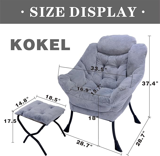 Kokel Lazy Chair with Folding Ottoman,Living Room Chairs, Accent Contemporary Lounge Chair, Single Steel Frame Leisure Sofa Chair with Armrests and A Side Pocket (TM10GRAY)