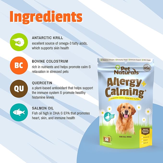 Pet Naturals Allergy Plus Calming for Dogs – 60 Ct Soft Chews, Seasonal Allergy & Stress Support with Quercetin, Salmon Oil, Probiotics & L-Theanine, Duck Flavor Supplement