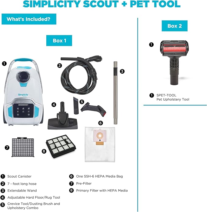 Simplicity Vacuums Scout Upholstery Vacuum Cleaner and Pet Hair Tool Bundle, Use Pet Vacuum Cleaners for Pet Hair on Couch and to Vacuum Hardwood Floor, Rugs and Above Floor Areas