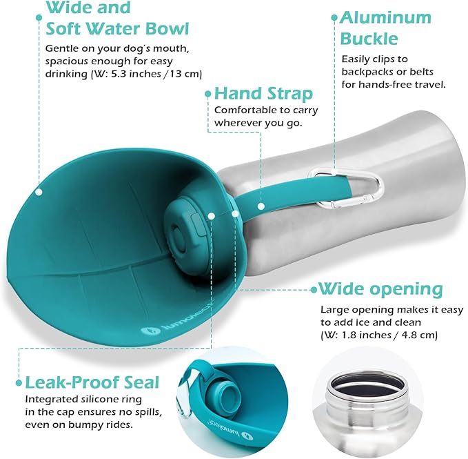 Stainless Steel Dog Travel Water Bottle — 27oz, Portable Bowl, Walking & Hiking (Blue)