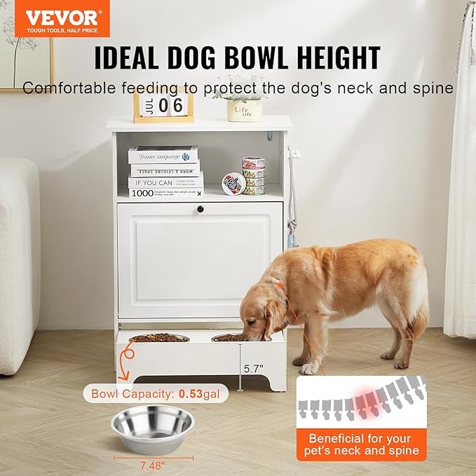 VEVOR Pet Feeding Station with 2 Elevated Dog Bowls, Raised Dog Bowls Stand with Storage, Food Cabinet with Hidden Pull-Out Bowl, Feeder Station, Pet Toy Storage Organizer for Dogs Cats, White
