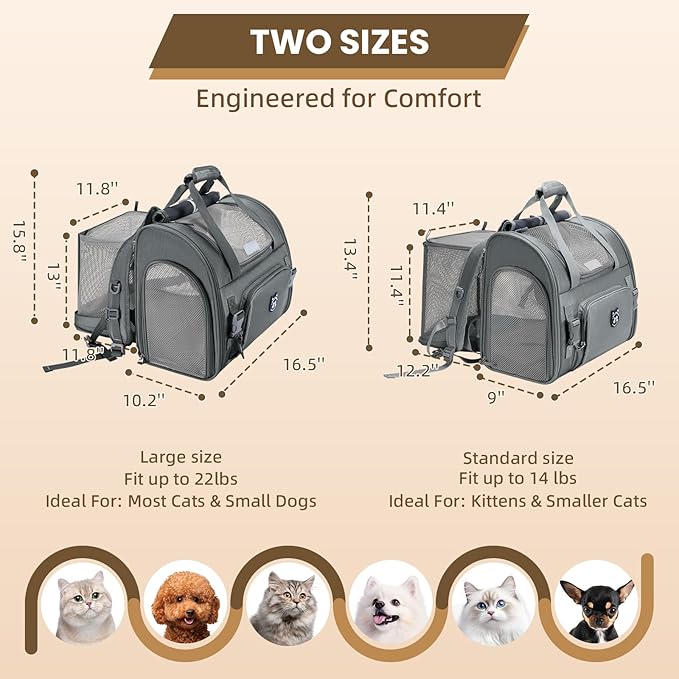 Expandable Cat Carrier Backpack — Airline Approved, Waterproof, Up to 14lbs (Dark Grey)