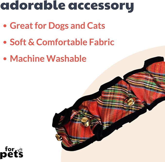 Huxley & Kent Ruff Pet Scrunchy | Shiny Christmas Plaid (Large) | Festive Christmas/Holiday Neckwear for Dogs/Cats | Fun Stretchable Costume Accessory | Soft Collar with Bells