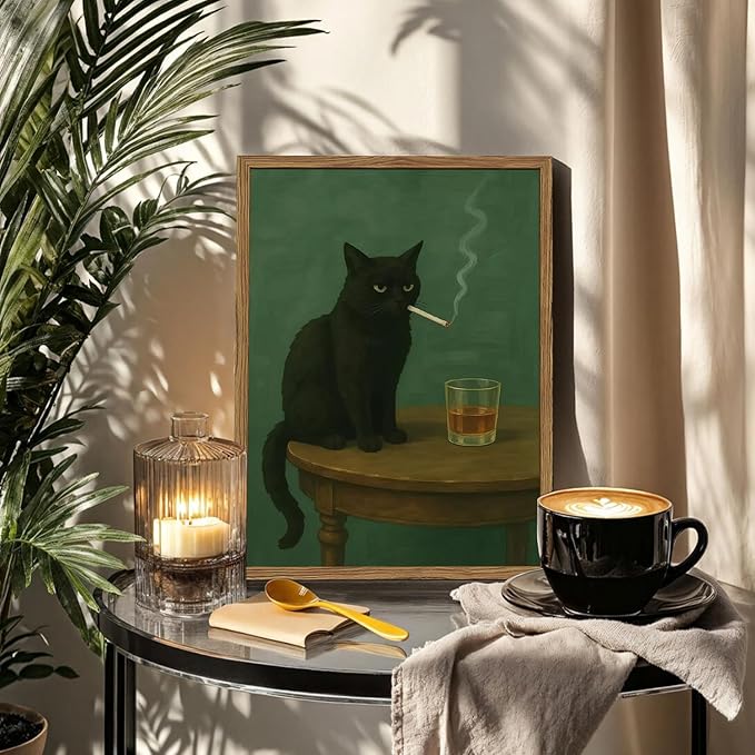 Moody Black Cat Wall Art, Funny Smoking Cat with Whiskey Wall Decor Painting Dark Humor Animal Bar Cart Poster Canvas Prints for Living Room Bedroom 12x16 inch Wood Framed