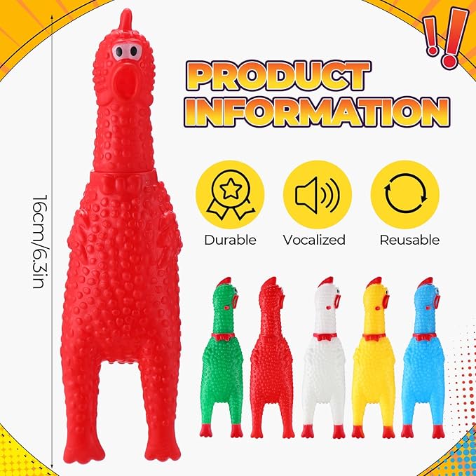 Honoson 50 Pcs Rubber Chickens Squeak Screaming Chicken Novelty Bulk Dog Toys for Pets Dogs Adults, 6.3 Inch (Colorful)