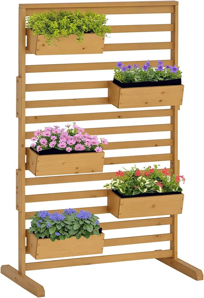 Outsunny Wooden Plant Trellis Stand with 5 Hanging Planter Boxes, Freestanding Outdoor Plant Stand for Patio, Garden, Balcony, Porch