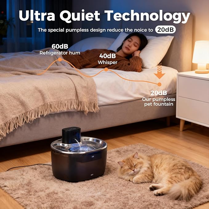Pumpless Cat Water Fountain Stainless Steel, 108oz/3.2L Wireless Cat Dog Pet Fountain, 5000mAh Battery, Sensor, Timer and Continuous Water Modes, Suitable for Cats and Small Dogs Indoor