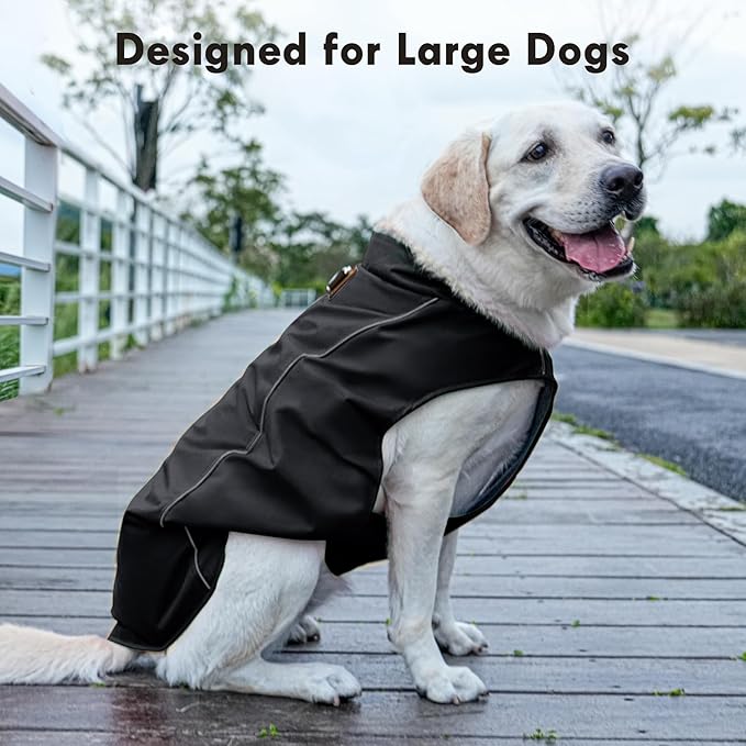 Outdoor Waterproof Dog Jacket for Extra Large Dogs,Doggie Coats with Harness Buitl in D-Ring Warm Fleece Dog Clothes for Cold Winter,Black 5XL