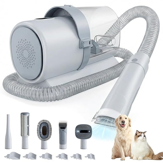 DUMOS 2.5L Pet Grooming Vacuum Kit, 3 Adjustable Suction Modes, 5 Professional Grooming Tools with Cordless Low Noise Dog & Cat Hair Clippers, Classic Gray