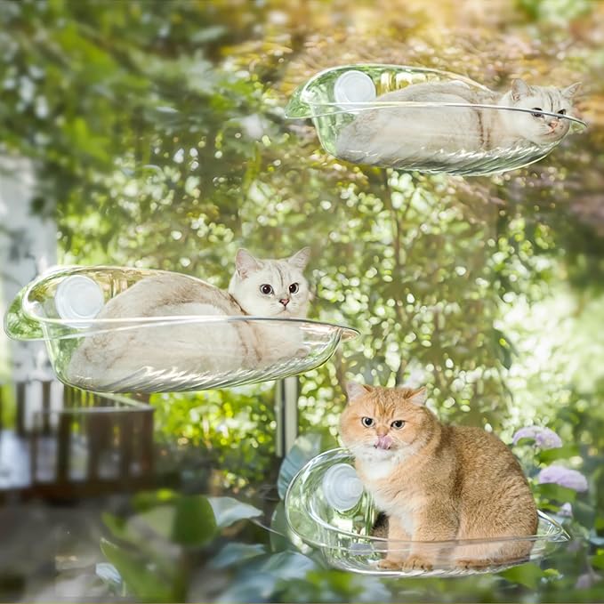 Transparent Cordless Cat Window Perch with Super Strong Suction Cups - Heavy-Duty Cloud Bed for Large & Heavy Cats, Spacious Indoor Hammock -Clear